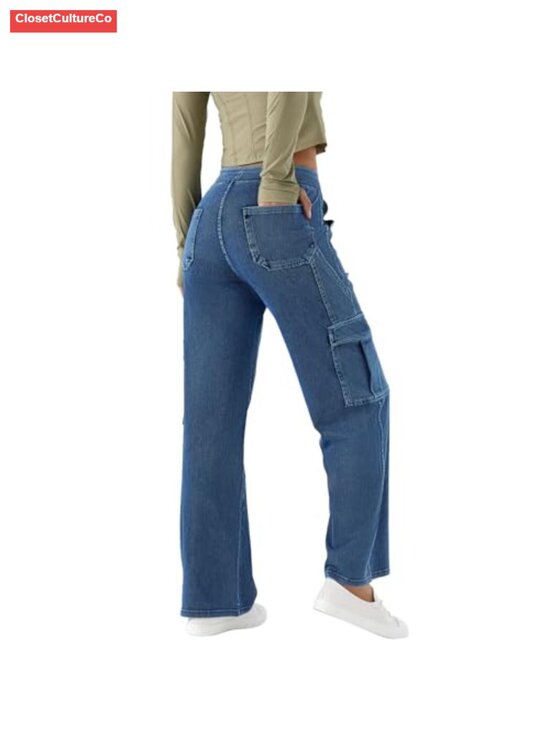 Denim - Pull On Cargo Jeans Elastic Waist Wide Leg Stretch Denim Pockets